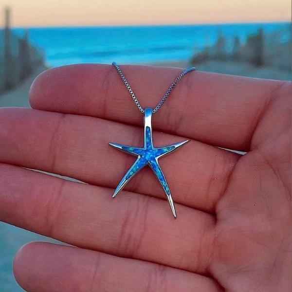 Collier étoile de mer en opale bleue et plaqué argent