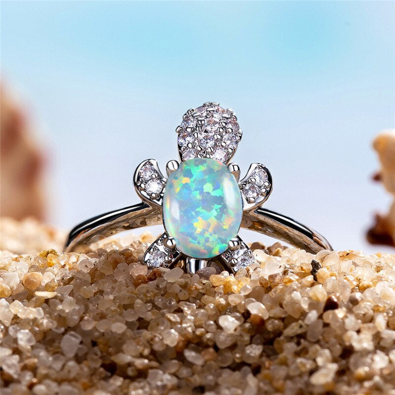 Bague en forme de tortue avec opale réglable en argent sterling plaqué