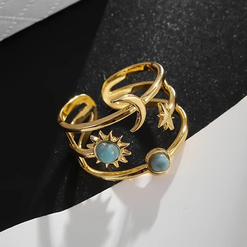 Bague bohémienne soleil et lune dorée réglable