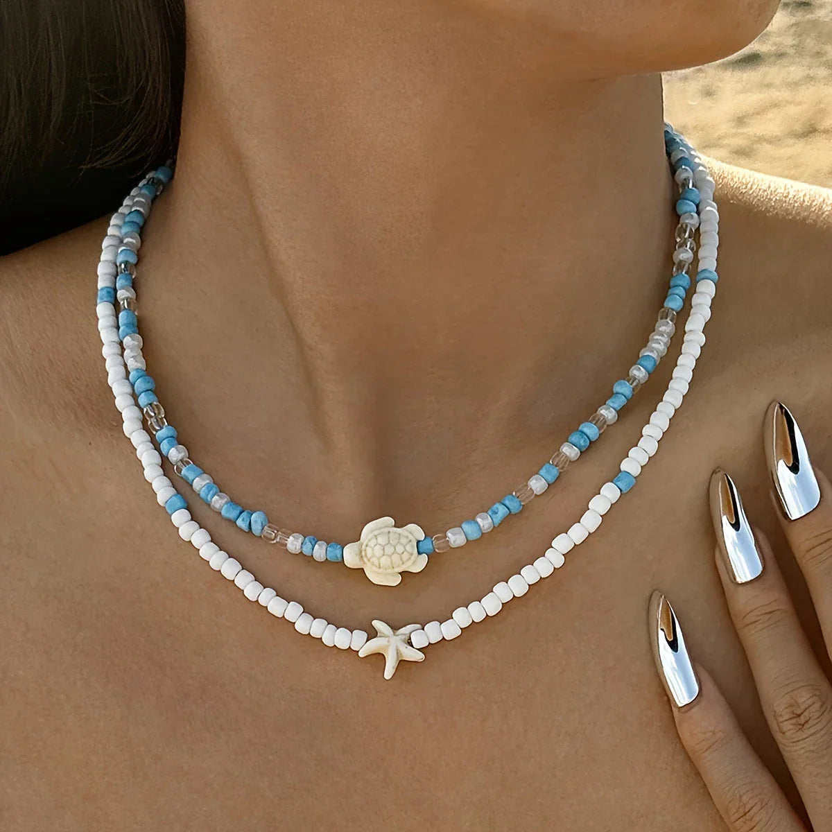 Collier bohémien 2 pièces avec tortue et étoile de mer