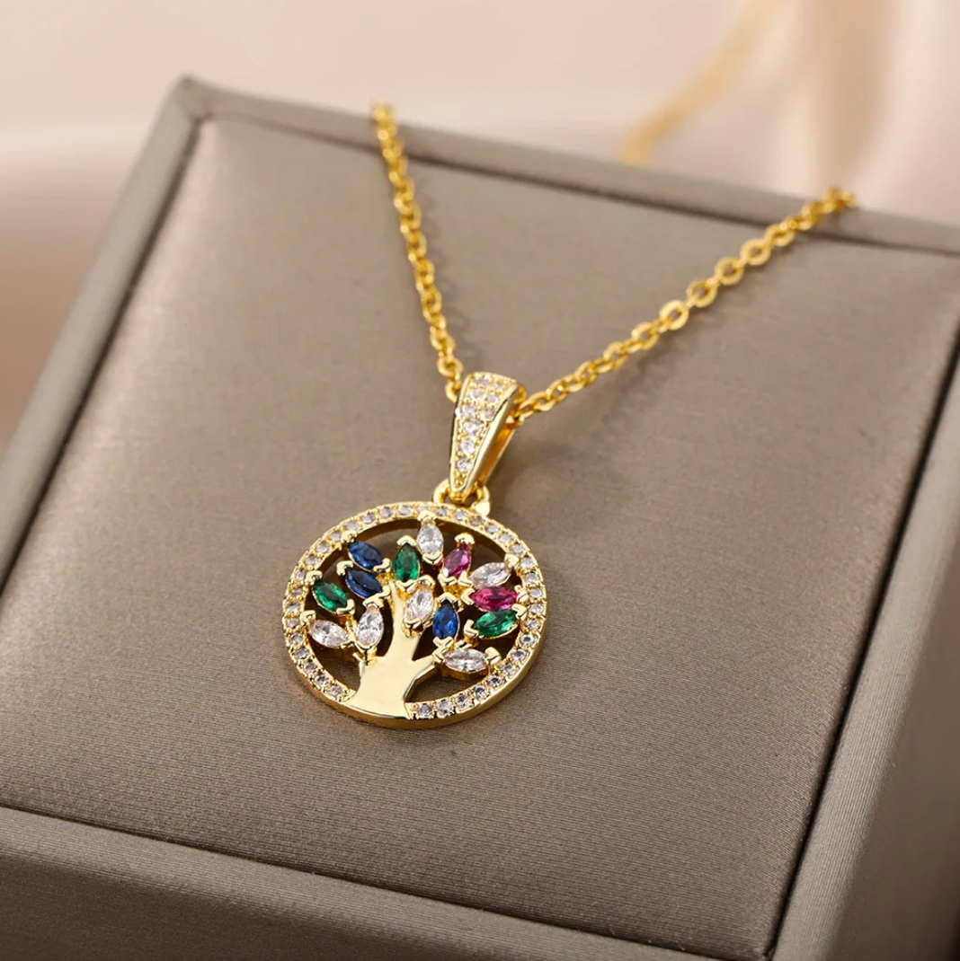 Collier Doré de 18 Carats avec Arbre de la Vie et Zircon de Couleurs