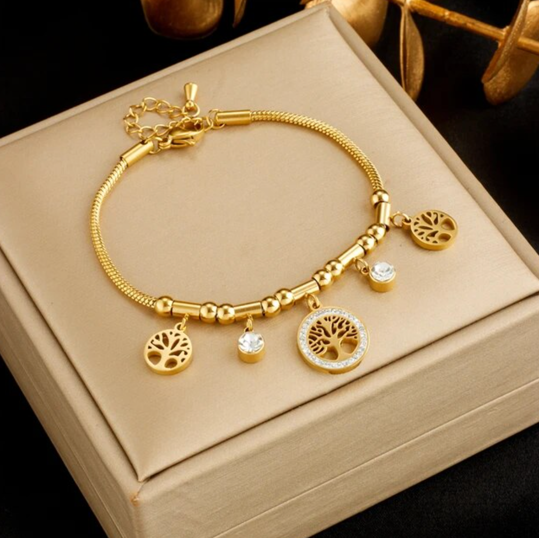 Bracelet doré avec 3 arbres de vie et strass