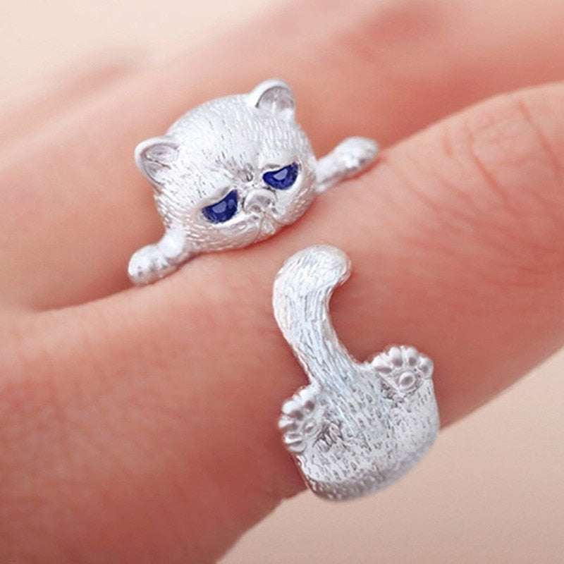 Bague en forme de chat avec oxyde de zirconium bleu en argent sterling plaqué