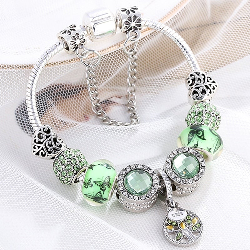 Bracelet en cristal vert plaqué argent