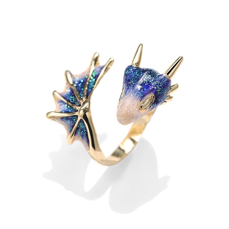 Bague dragon réglable plaquée argent et émail