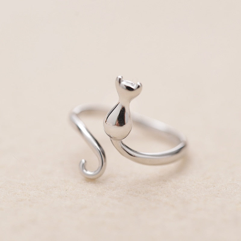 Bague en forme de chat réglable en argent sterling plaqué