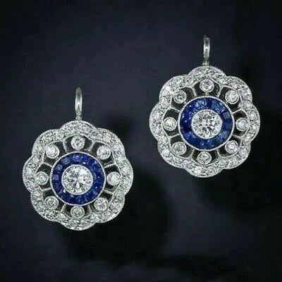 Boucles d'oreilles mandala en zircone cubique bleue vintage
