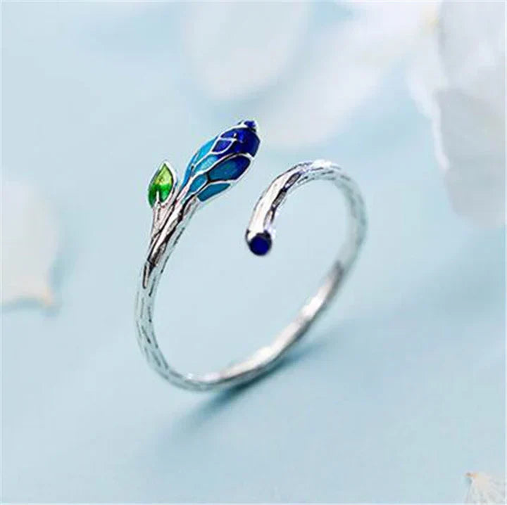 Bague feuille bleue en émail réglable plaquée argent