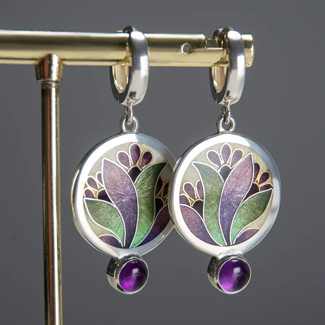 Boucles d'oreilles en cristal violet plaquées argent bohémiennes