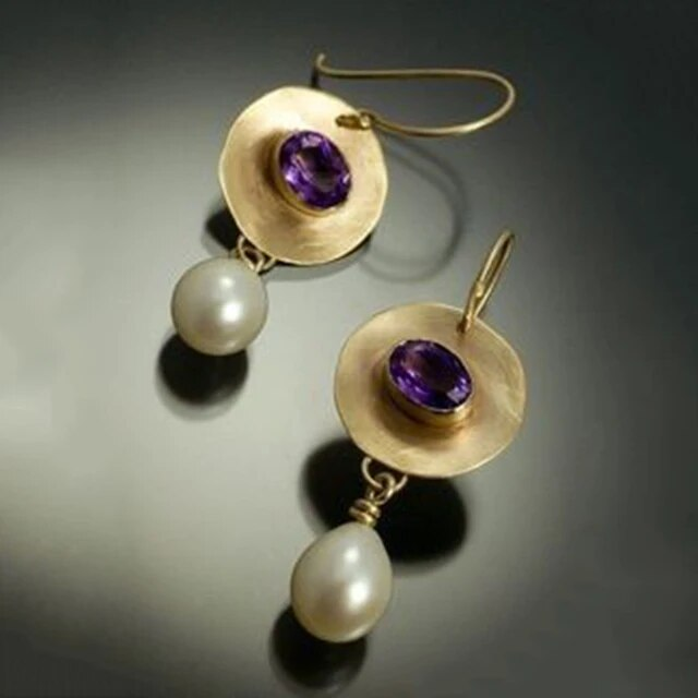 Boucles d'oreilles Dorés Violets avec Perles Vintage