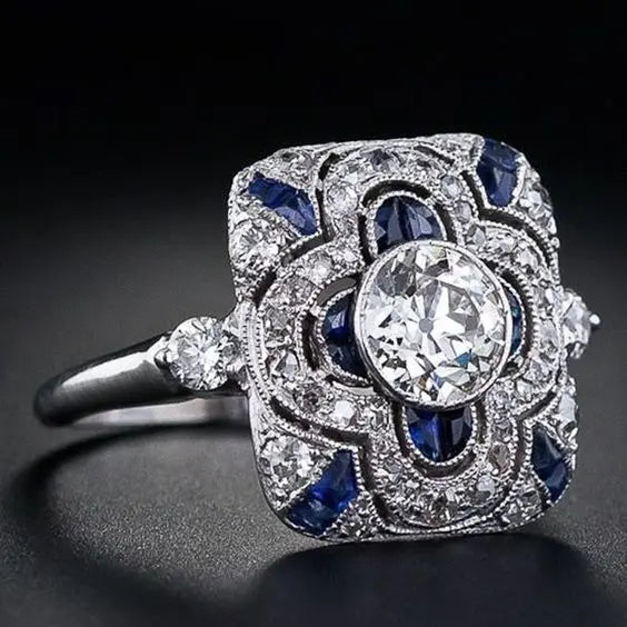 Bague en zircone cubique bleue plaquée argent vintage