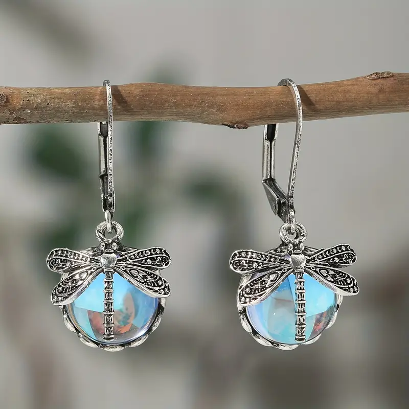 Boucles d'oreilles libellule en cristal bleu plaquées argent