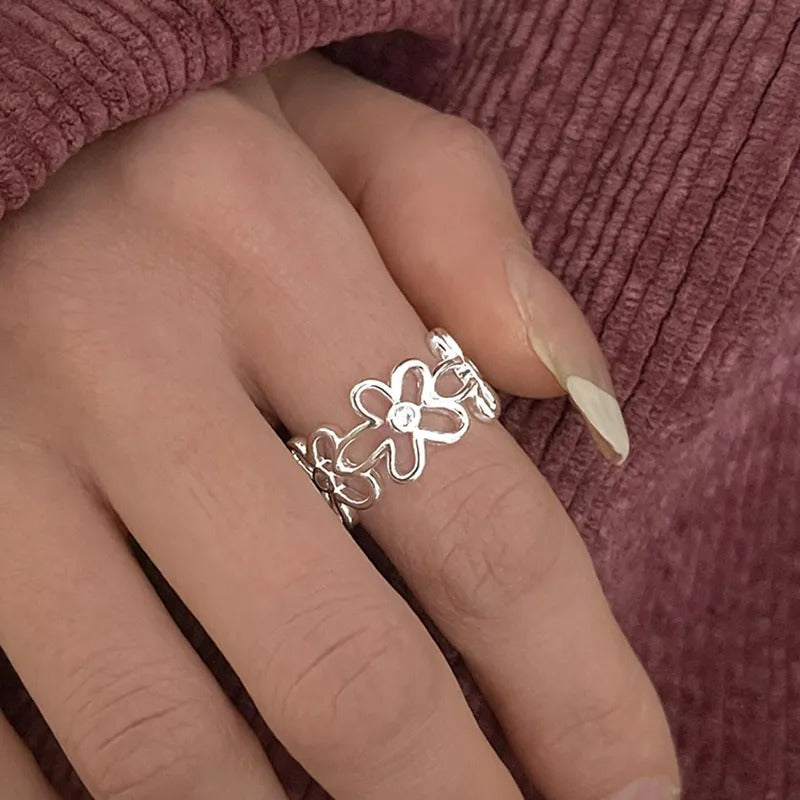 Bague fleur vintage réglable en argent sterling plaqué