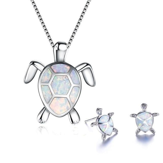 Collier + set de boucles d'oreilles tortue de mer opale et plaqué argent