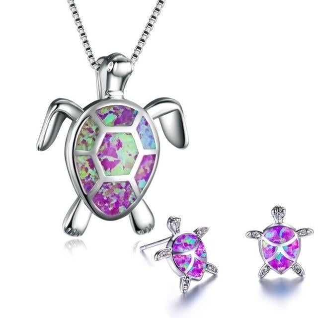 Ensemble Collier + Boucles d'Oreilles de Tortue Marine en Opale et Argent
