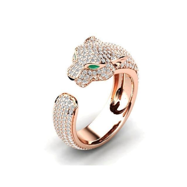 Bague jaguar réglable plaquée argent et dorée rose avec yeux en zircone cubique verte