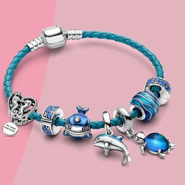 Bracelet style océan + breloques incluses en cuir et plaqué argent
