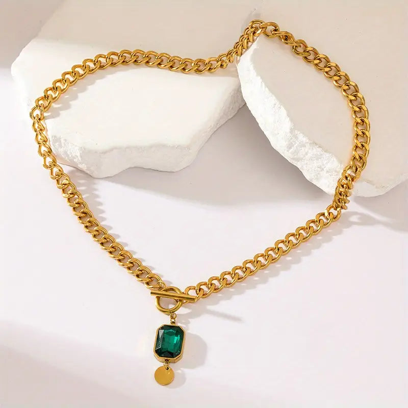 Collier chaîne épaisse pendentif émeraude Doré