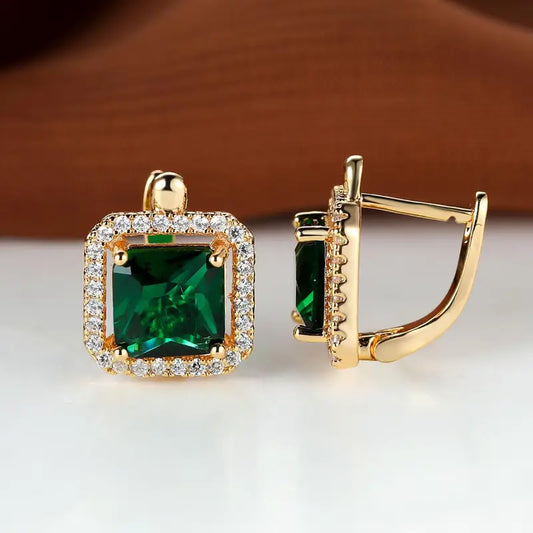 Boucles d'oreilles carrées vertes en zircone cubique dorée Dorées