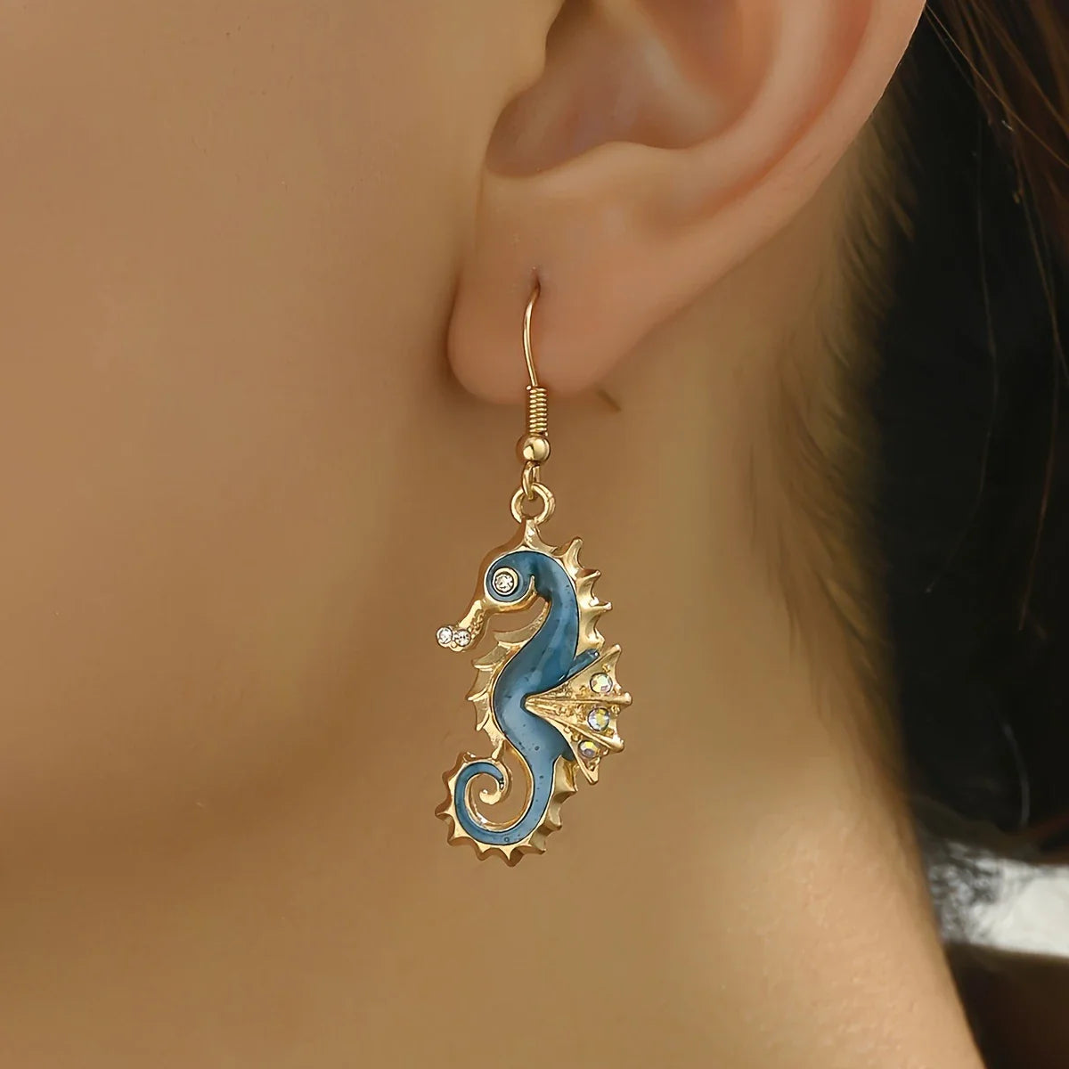 Boucles d'Oreilles Hippocampe Bleu en Or