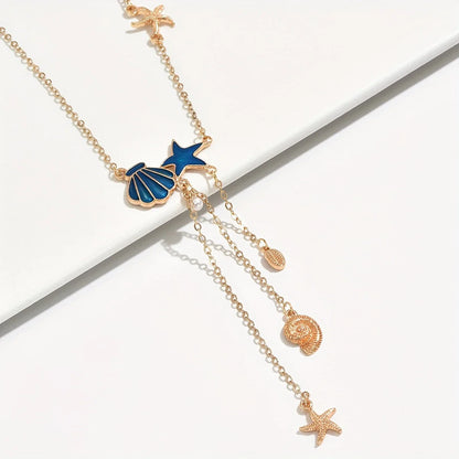 Collier Élégant en Or avec Étoile et Coquillage Bleu
