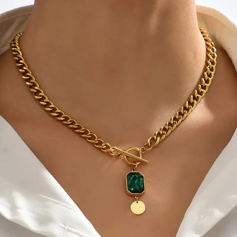 Collier chaîne épaisse pendentif émeraude Doré