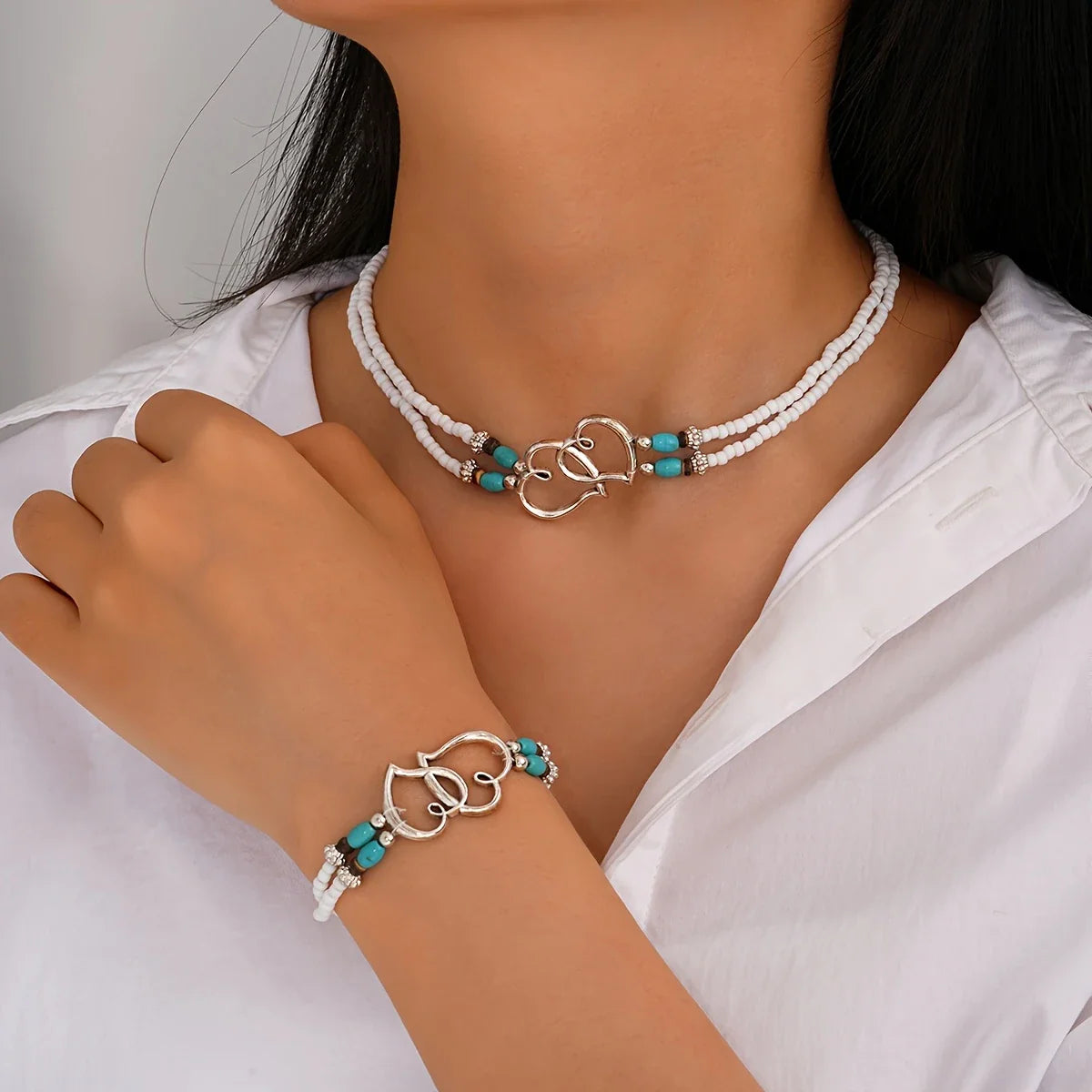Ensemble Collier et Bracelet Cœur en Argent
