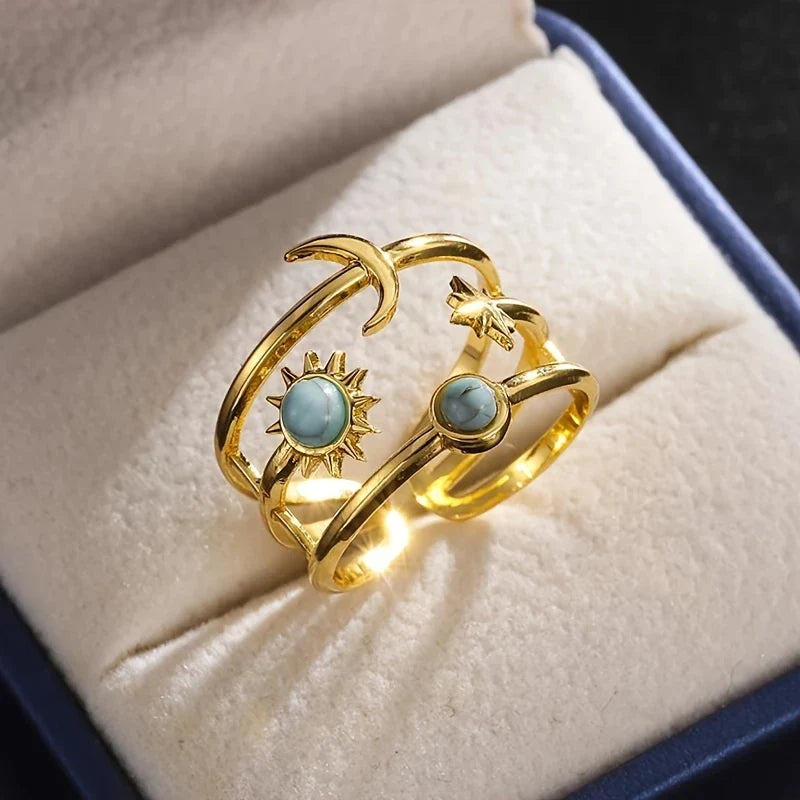 Bague Bohème Ajustable Lune Soleil en Or