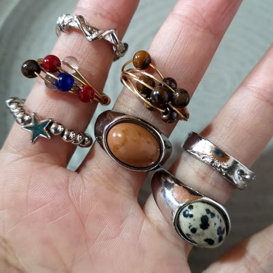 Set de 7 bagues élégantes vintage marron avec œil de tigre