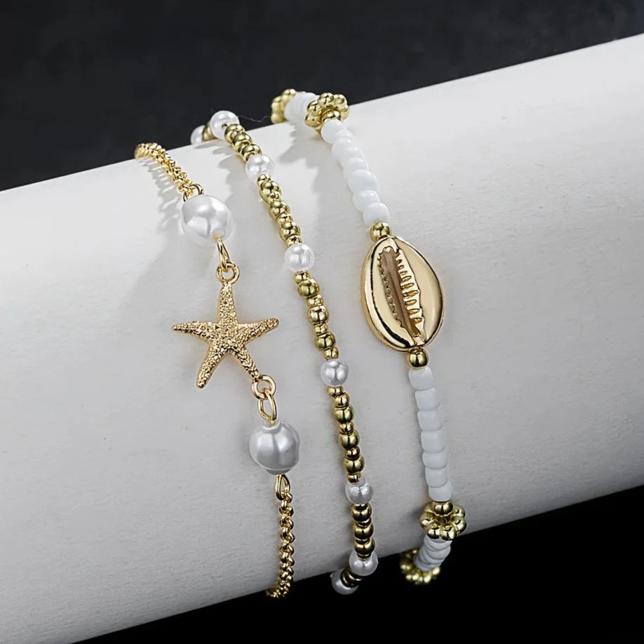 Bracelet de Cheville Étoile Dorée Imperméable en 3 Pièces