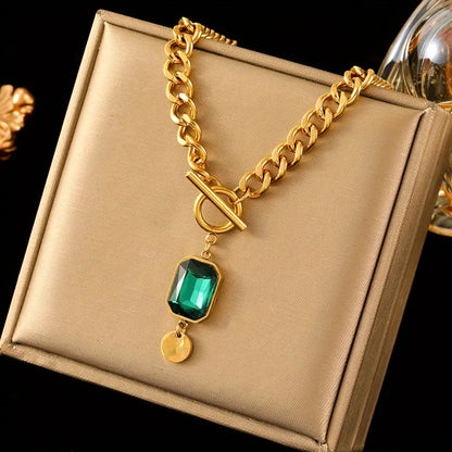 Collier chaîne épaisse pendentif émeraude Doré