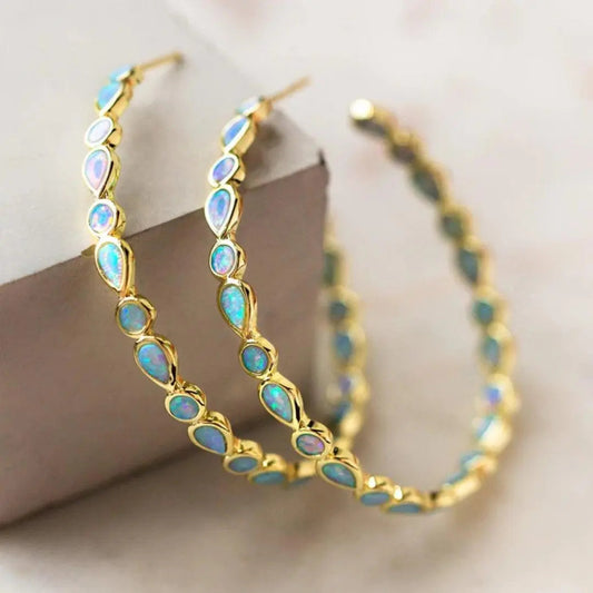 Boucles d'Oreilles en Or Opale Bleue Vintage