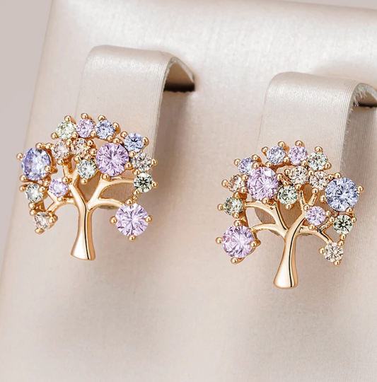 Boucles d'Oreilles Type Bouton Multicolore Arbre de la Vie Dorés de 18 Carats