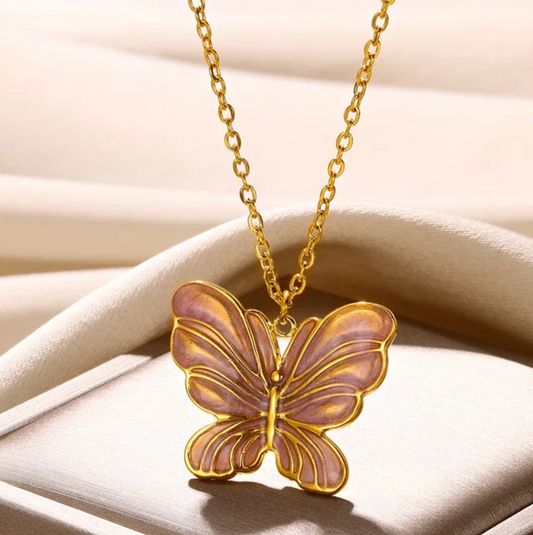 Collier Papillon Émaillé en Rose Plaqué Or de 18 Carats