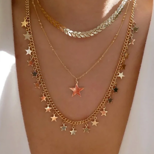 Collier Triple Plaqué Or de 18 Carats avec Gargantille et Étoiles