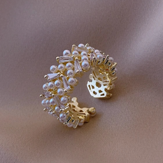 Bague Plaquée Or de 18 Carats avec Perles de Caviar Blanc