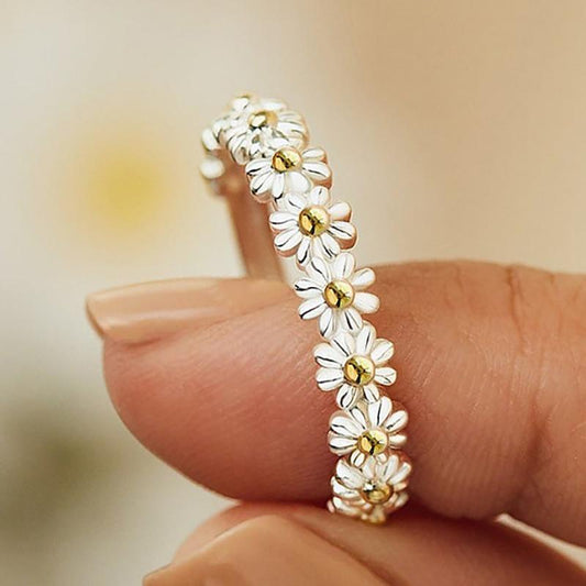Bague Ajustable Marguerites en Argent et Émail Peint à la Main