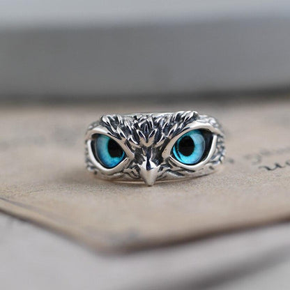 Bague Ajustable Hibou de la Bonne Chance en Argent et Opale