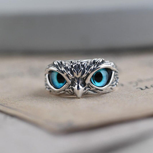Bague Ajustable Hibou de la Bonne Chance en Argent et Opale