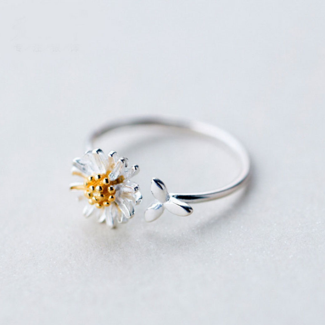 Bague Ajustable d'Argent 925 avec Marguerites Peintes à la Main