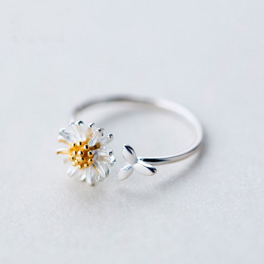 Bague Ajustable d'Argent 925 avec Marguerites Peintes à la Main
