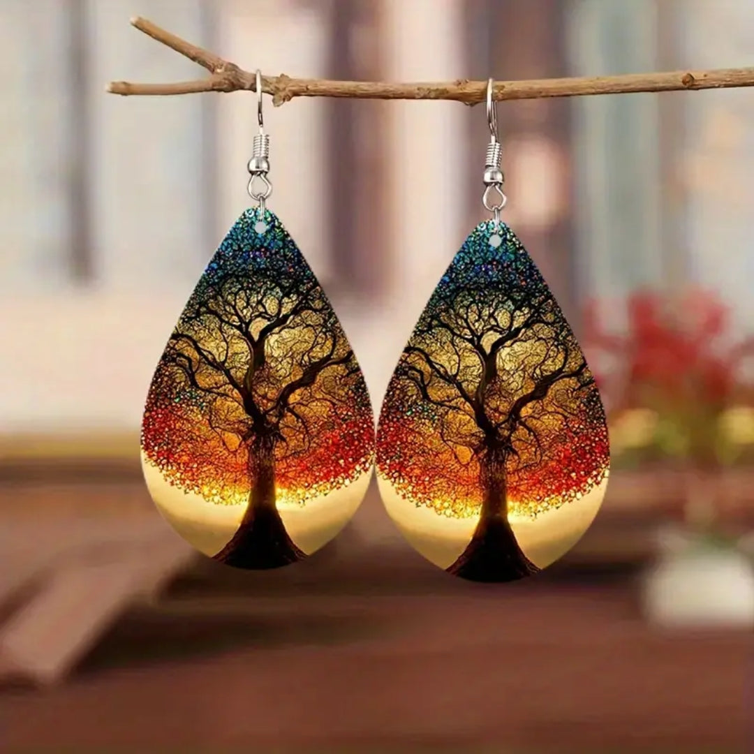 Boucles d'oreilles pendantes Arbre de Vie colorées