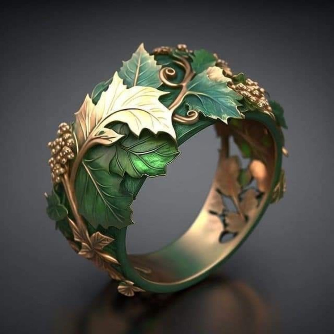 Bague feuille exotique dorée et verte