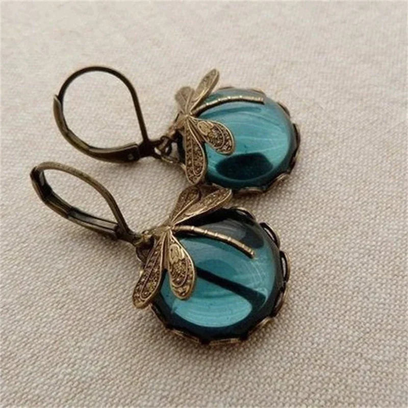 Boucles d'Oreilles de Libellule avec Cristal en Or Antique
