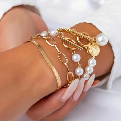 Ensemble de 4 Bracelets en Or avec Perles Brillantes
