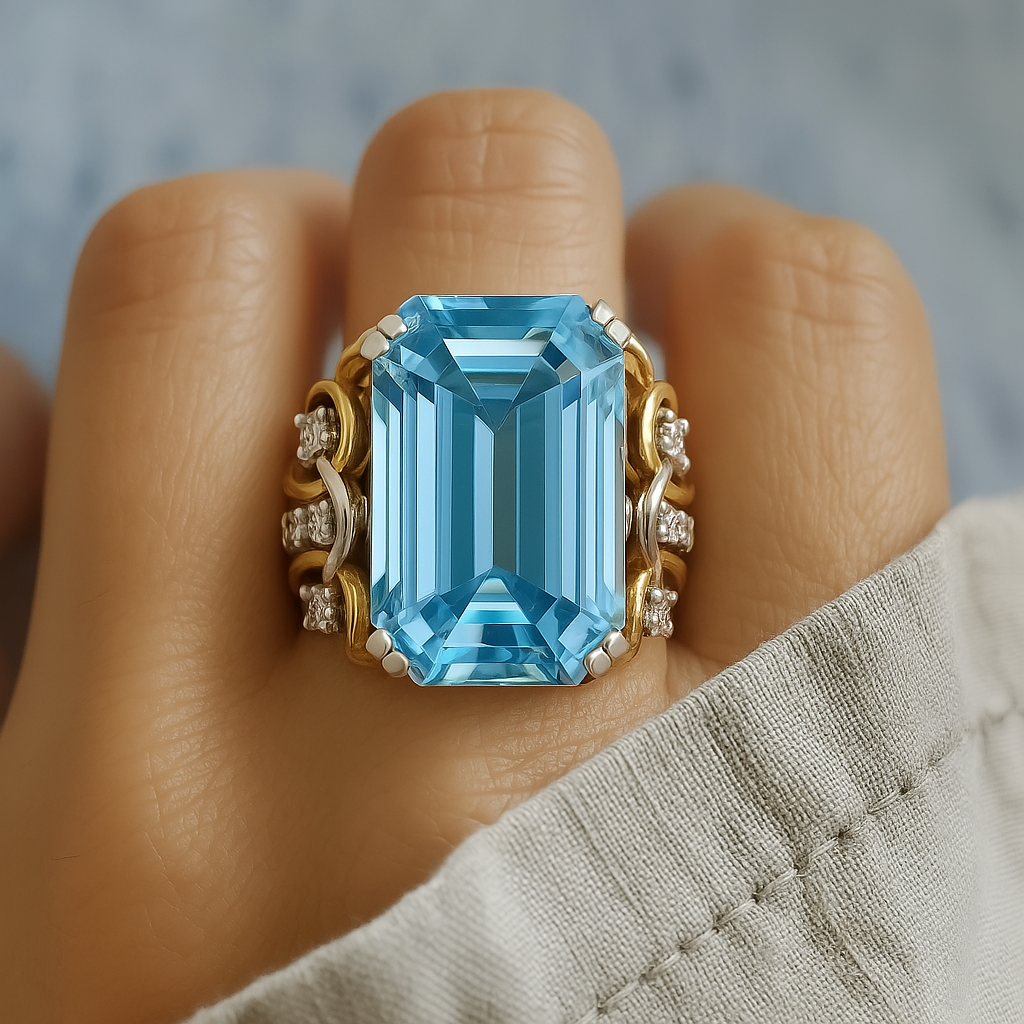 Bague Vintage de Zircon Bleu et Or en Couches