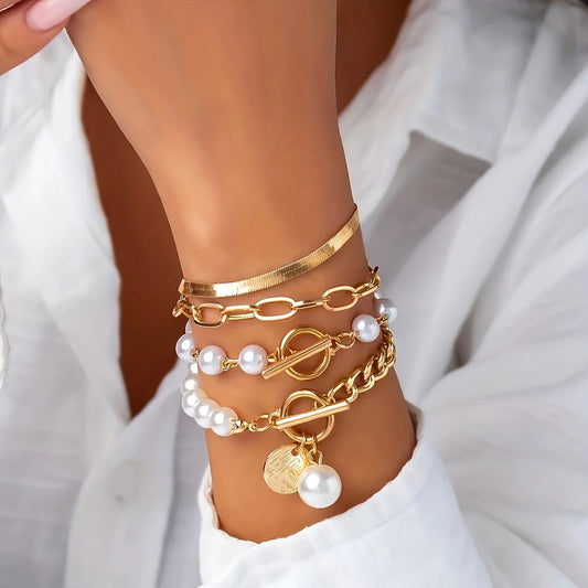 Ensemble de 4 Bracelets en Or avec Perles Brillantes
