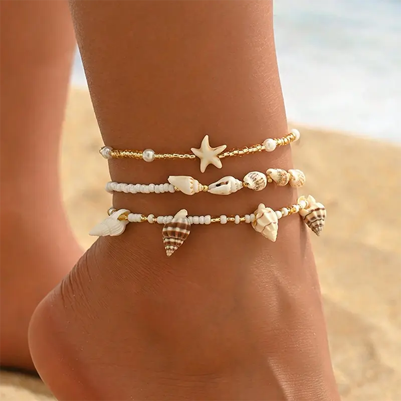 Bracelet de Cheville Style Océan en 3 Pièces pour Femme