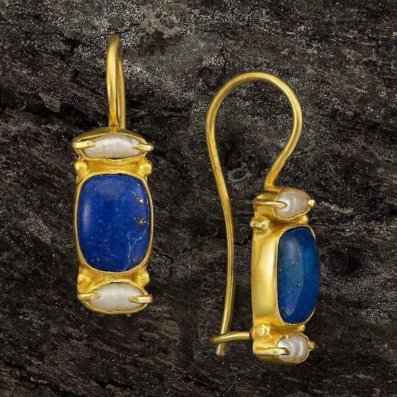 Boucles d'Oreilles Vintage en Bleu et Or