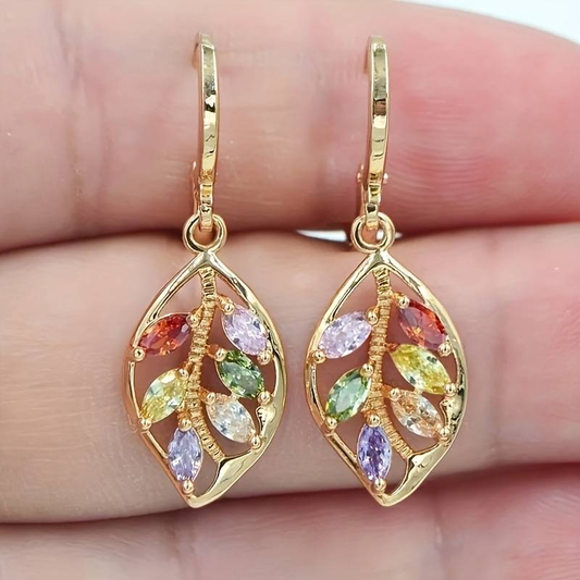 Boucles d'Oreilles Vintage Feuille de Cristal Multicolore